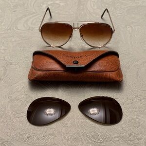 Aston V Designer Vintage Aviator Sunglasses with Case & Interchangeable Lenses